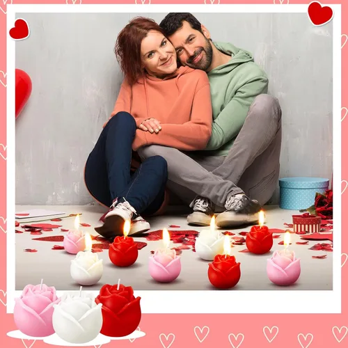 Vista 6 de Funnymoom 8 velas de San Valentín con forma de rosa, velas aromáticas de aromaterapia en forma de rosa para San Valentín, despedida de soltera