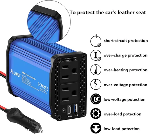 Vista 9 de ALLWEI Inversor de coche de 300 W con puerto USB 3.0 USB-C de 65 W - CC 12 V a 110 V (rojo y azul)