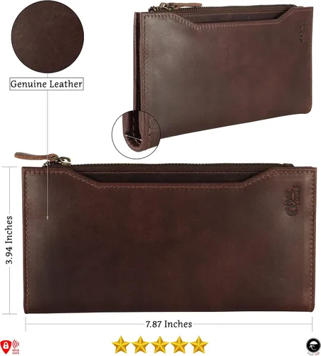 Vista 3 de Mou Meraki Cartera larga con bloqueo RFID de cuero genuino - Vintage Bifold para hombres