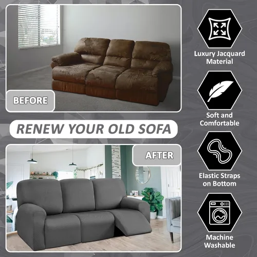 Vista 4 de ULTICOR Fundas para sofá reclinable de 8 piezas, fundas elásticas con hilo teñido para sofá reclinable de 3 cojines, gruesas, suaves y lavables Gris