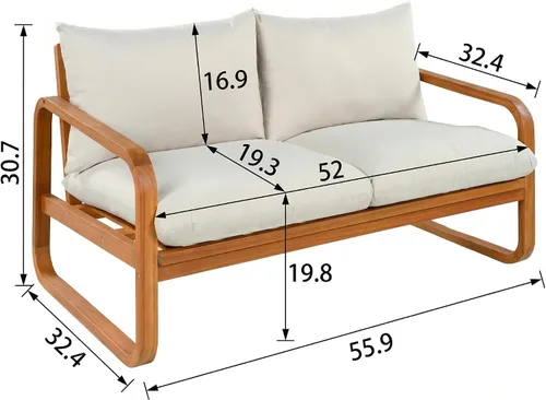 Vista 3 de Juego de muebles de patio al aire libre de madera de acacia de 4 piezas, juego de conversación para todo tipo de clima con sofá biplaza, 2 sillas
