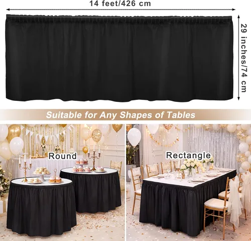 Vista 2 de TURSTIN 2 faldas de mesa de plástico negro de 14 x 29 pies para mesas rectangulares, mantel ajustable, mantel desechable para fiestas de cumpleaños