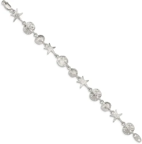 Vista 3 de Pulsera de plata de ley con conchas marinas, estrella de mar y dólar de arena, 7.0in, pinza de langosta