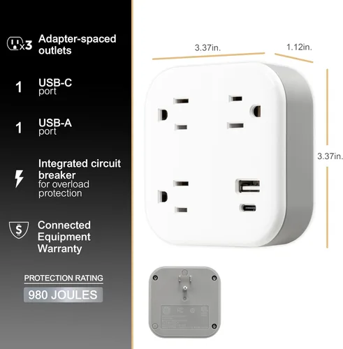 Vista 3 de GE UltraPro 81787 Protector SurGE de 3 tomas, extensor de salida con USB, enchufe de pared, 1 USB-A, 1 USB-C, adaptador espaciado, para el hogar u