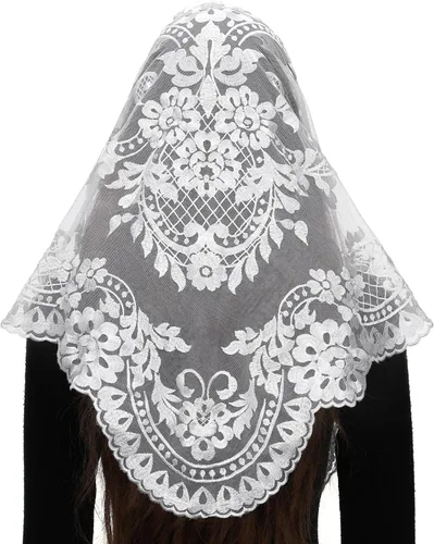 Vista 15 de Bozidol Velos de Mantilla de Capilla Católica en Triángulo - Bufanda Corta de Embroidería de Camelia para Misa Latina, Velo de Iglesia de Encaje
