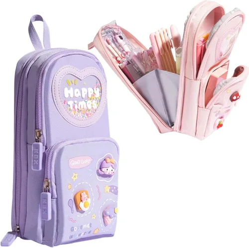 Vista 8 de Estuche de cartón lindo con diseño de oso y conejito de fresa, helado, 3 capas, gran capacidad, estuche organizador de cosméticos (rosa-1)