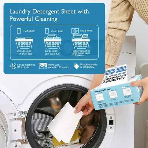 Vista 3 de ORIGHTY Hojas de detergente para la ropa, 100 hojas sin fragancia, tiras de detergente hipoalergénicas, lámina de detergente apta para viajes, sin