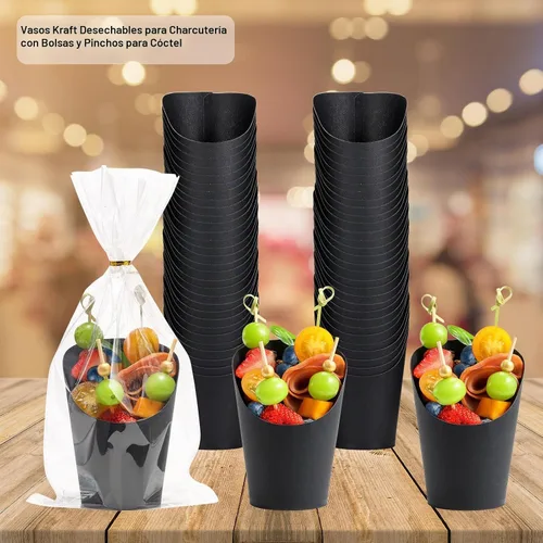 Vista 3 de Vasos Desechables para Charcutería 60 PCS con 200 PCS Palitos y 60 PCS Bolsas, Cajas de Bocadillos de Papel Kraft de 14 oz Vasos para Aperitivos