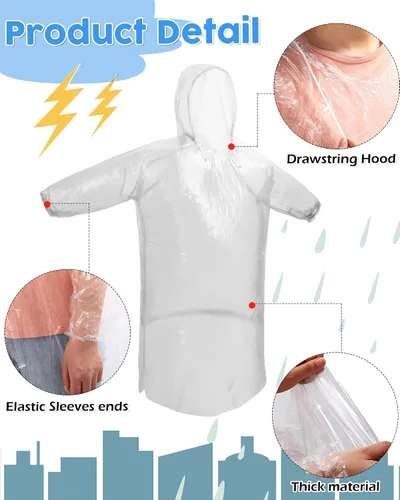 Vista 3 de JaGely Paquete de 80 ponchos de lluvia desechables para adultos, a granel, boda, familia, viajes, sin hogar, paquete con capucha con cordón y manga
