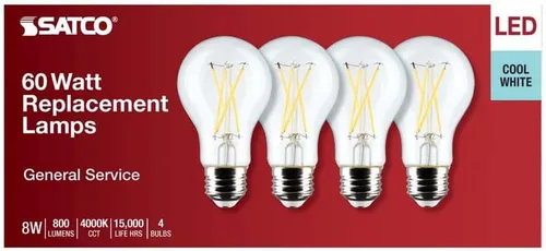 Vista 4 de Satco 12464-8A19/CL/LED/E26/940/4PK/120V (S12464) A19 A Line Pear Bombilla LED