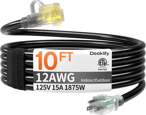Vista 18 de Cable de extensión para exteriores de servicio pesado de calibre 12 de 50 pies con extremo iluminado, resistente al agua, cable de extensión de Negro