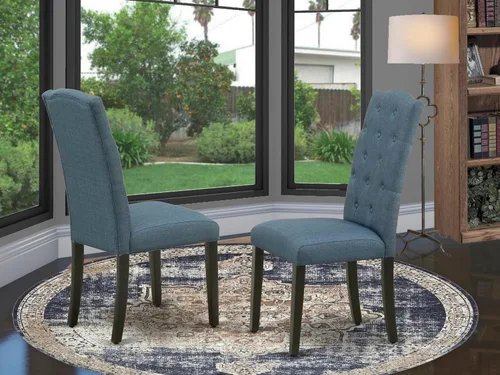 Vista 2 de East West Furniture CEP1T21 Celina Parson - Juego de 2 sillas acolchadas de tela de lino azul mineral con botones, color negro