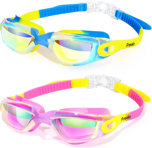 Vista 9 de Freela Gafas de natación para niños, paquete de 2 gafas de natación para niños de 3 a 14 años, gafas de natación para niños y niñas, antivaho