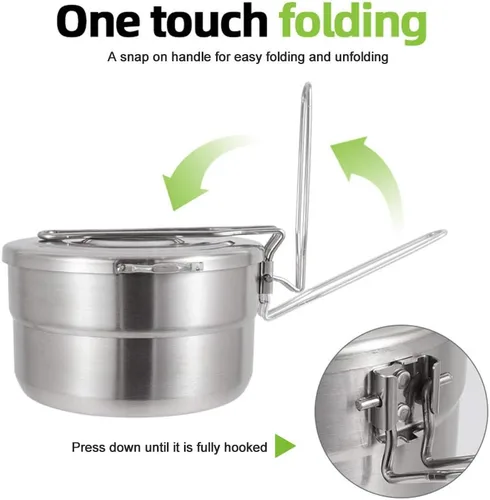 Vista 5 de DenpenTEC - Olla de acero inoxidable con tapa y mango plegable, olla Bento de gran capacidad de 1.5 L para acampar y senderismo