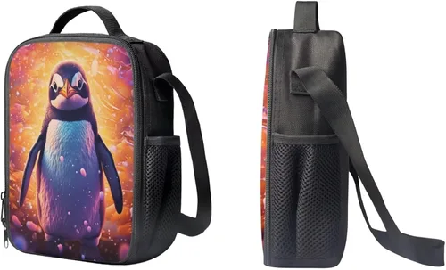 Vista 3 de Linda mochila escolar de pingüinos para niños, con bolsa de almuerzo y bolsa para lápices, bolsa mágica de animales para niños y niñas