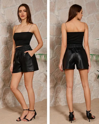 Vista 8 de QIANXIZHAN Pantalones cortos de cuero para mujer, pantalones cortos sexys de cintura alta sintética de pierna ancha SP