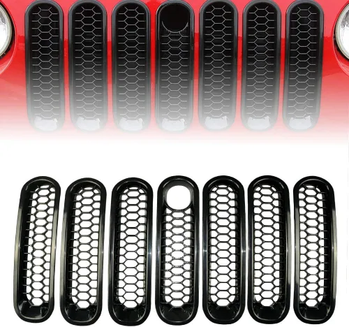 Vista 4 de Kit de 7 piezas de rejilla frontal con clip para rejilla frontal compatible con Wrangler Rubicon Sahara JK 2007-2017 (plata)