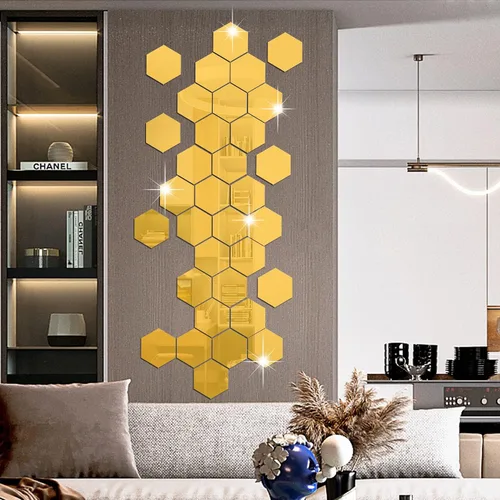 Vista 5 de RW-103 - 36 calcomanías acrílicas para espejo hexagonal, bricolaje, removibles, geométricos 3D, decoración de pared para dormitorio, sala de estar