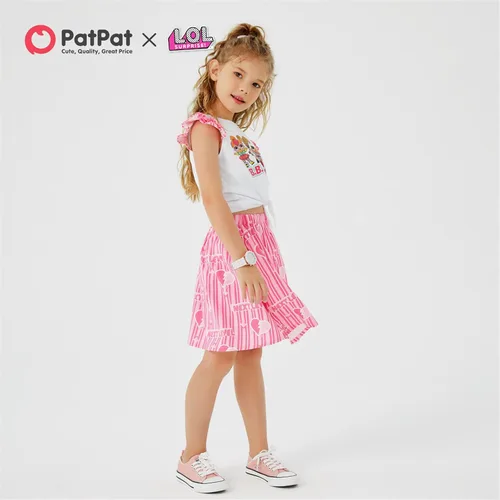 Vista 4 de L.O.L. Surprise! Girls Skirt Set 2Pcs Kid Girl Graphic Print Tie Knot Ruffle Sleeve Cotton Tee and Allover Print Skirt Set