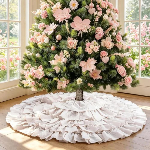 Vista 12 de Yuboo 24" Falda de árbol de Navidad de puntos rojos y verdes - Falda de árbol de mesa pequeña con volantes, tapete de árbol de Navidad mini