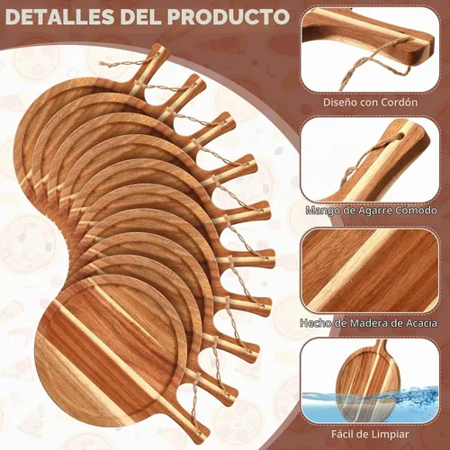 Vista 3 de Tanlade Tabla de cortar de madera, bandeja redonda de madera para servir con asa, tablas de cortar de acacia, remo de charcutería para pizza, pan