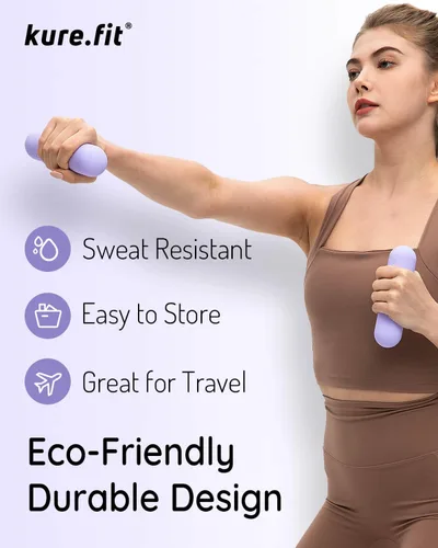 Vista 4 de Kit de núcleo de pilates gris pardo y morado lila, 2 pesas de mano de 2.2 libras