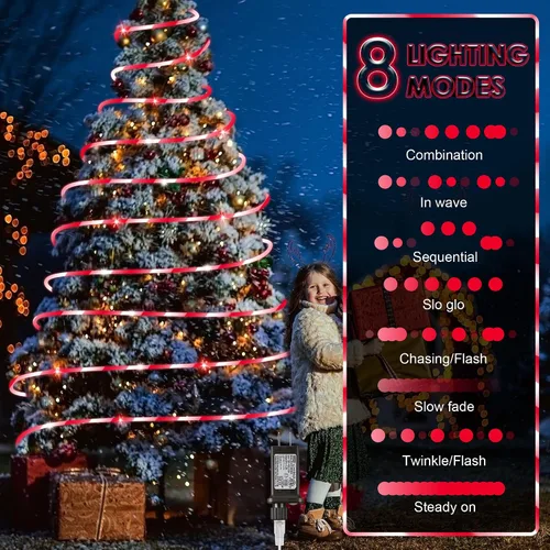 Vista 3 de Hiboom Cuerda de luces de bastón de caramelo de Navidad de 32.8 pies, 8 modos de iluminación al aire libre, impermeable, cuerda de luces de Navidad
