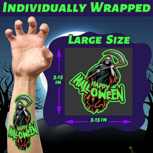 Vista 6 de winthrop 100 tatuajes temporales luminosos de Halloween para niños, envueltos individualmente que brillan en la oscuridad, tatuajes impermeables
