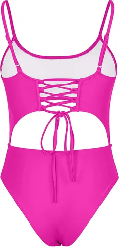 Vista 6 de Meyeeka - Traje de baño de cuello redondo para mujer, de una pieza, estilo recortado por delante, cordones para amarrar por la espalda, corte alto