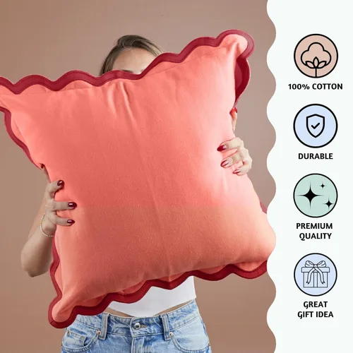 Vista 2 de Folkulture - Juego de 2 fundas de almohada otoñales de 18 x 18 pulgadas, festoneadas, color rojo coral Cotton,Decorative, Cute, Boho, Pillows for