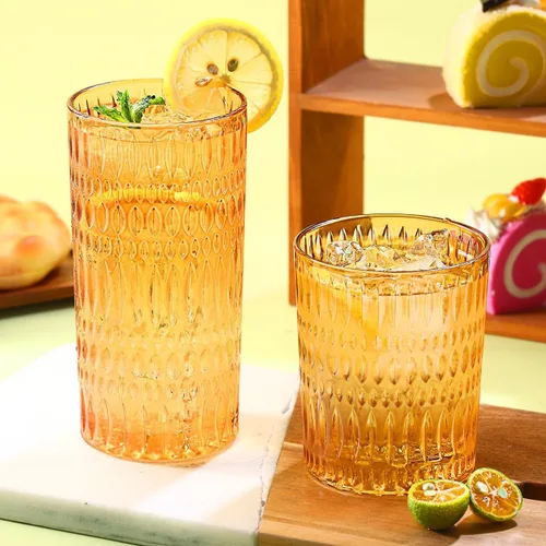 Vista 7 de Loivttvv Glassware - Juego de 8 vasos altos de 14 onzas y vasos de vidrio acanalado de 10 onzas, cristalería vintage para agua, jugo, cóctel