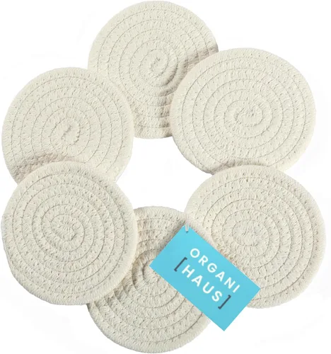 Vista 9 de OrganiHaus Juego de 6 posavasos de algodón absorbente, decoración rústica de estilo bohemio para mesa de café y protección de bebidas, posavasos
