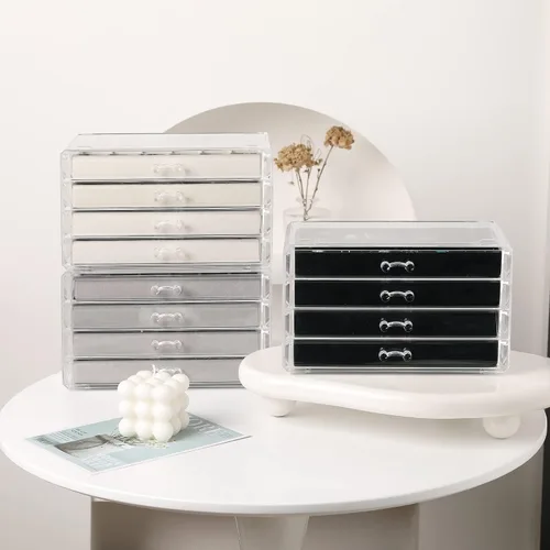 Vista 6 de Frebeauty Caja organizadora de aretes caja de joyería acrílica con 4 cajones organizador de joyas transparente con bandejas de terciopelo anillos