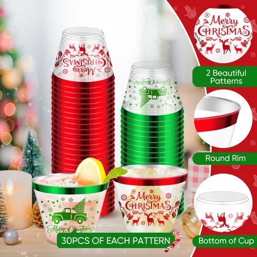 Vista 3 de 60 Pcs Vasos de Fiesta de Navidad de 9 oz, Vaso de Plástico Feliz Navidad, Vaso Transparente Desechable de Navidad con Borde Rojo y Verde, Vasos