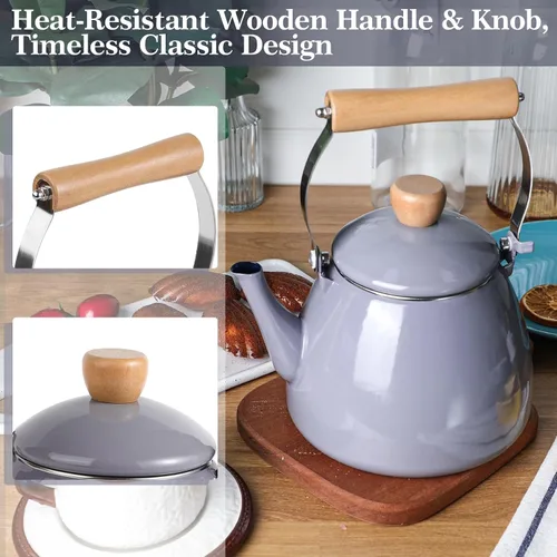 Vista 4 de Webake 2 Quart Enamel Tea Kettle, Vintage Enamelware Teapot with Cool Touch Wooden Handle and Lid Knob for Stovetop Home Kitchen Camping, Gift for