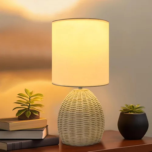 Vista 8 de Lámpara de mesita de noche estilo Boho de ratán - Lámpara tejida de bambú hecha a mano con 3 temperaturas de color para mesita de noche y sala