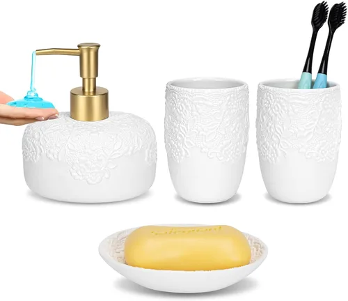 Vista 7 de Juego de accesorios de baño, 4 piezas de cerámica con diseño en relieve, dispensador de jabón de baño de 13.5 onzas y 2 vasos de cerámica, 1 jabonera