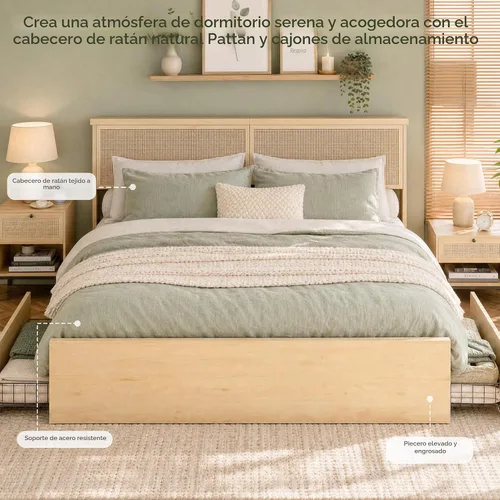 Vista 4 de Yechen Marco de Cama Queen con Cabecera de Ratán Natural y 4 Cajones de Almacenamiento de Madera, Plataforma de Metal con Fuerte Soporte de Listones