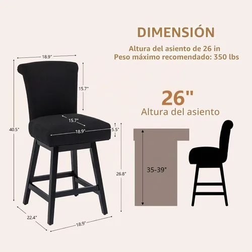 Vista 3 de Juego de 2 taburetes de bar giratorios de 360°, modernos taburetes Negro