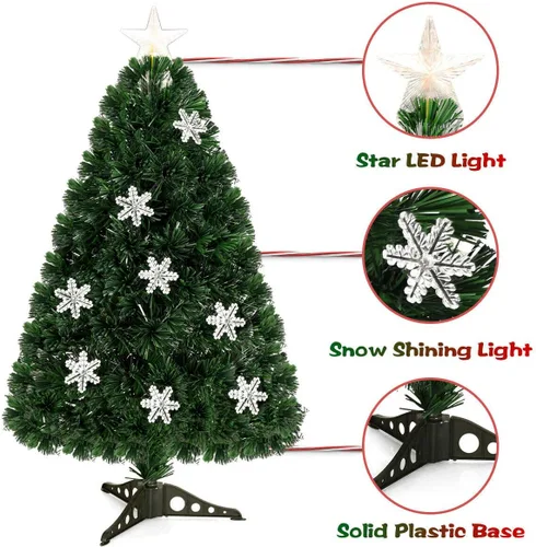 Vista 7 de Goplus Árbol de Navidad artificial de fibra óptica preiluminado de 3 pies, con luces LED multicolor y copos de nieve (3 pies)