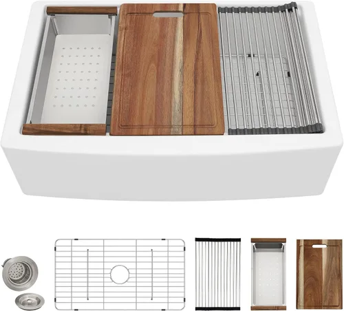 Vista 12 de Estación de trabajo de fregadero de granja negra de 30 x 20 pulgadas, delantal reversible con repisa, lavabo de cocina de cerámica de porcelana
