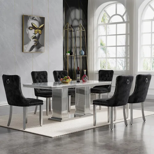 Vista 44 de Juego de mesa de comedor de 5 piezas para 4, mesa de cocina de mármol negro de 68 pulgadas con 4 sillas beige, mesa de comedor rectangular moderna