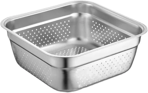 Vista 13 de VOSAREA Lavabo cuadrado de acero inoxidable, colador de metal, colador cuadrado de gran capacidad, para frutas, cocina, lavado de verduras