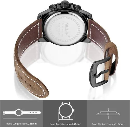 Vista 5 de MEGIR Reloj analógico de cuarzo para hombre con correa de cuero de cara grande para deportes 2130