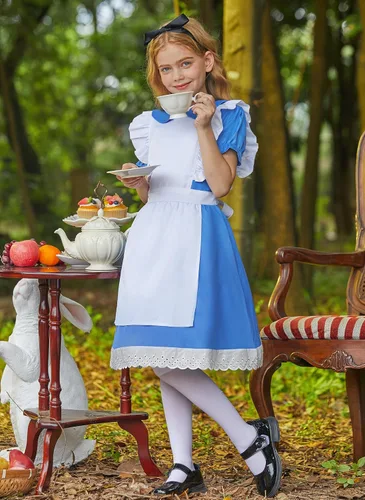 Vista 5 de BesserBay Vestido azul de Halloween con ribete de volantes y lazo en la cintura con delantal blanco de 4 a 12 años