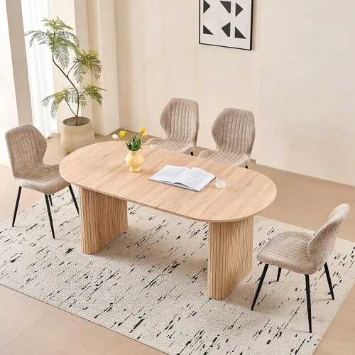 Vista 11 de Juego de 4 mesas de comedor grandes de 63 pulgadas para 4, esquinas redondeadas, mesa de cocina rectangular moderna de madera con sillas Boucle