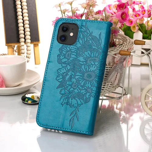 Vista 7 de Funda tipo cartera para iPhone 11, diseño de mariposas y flores (azul) Embossed PU Leather, TPU Interior, Flip Case Folio Cover, Stand, Cash