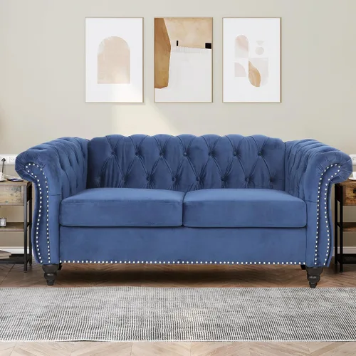Vista 10 de Sofá moderno de 3 plazas, muebles de sofá grande, con brazo enrollable, sofá Chesterfield clásico copetudo de cuero con respaldo de asiento copetudo