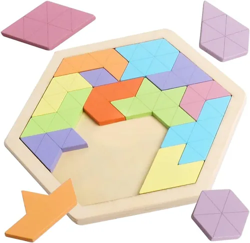Vista 11 de Rompecabezas de bloques de madera para niños y adultos, rompecabezas de hexágono, juegos de rompecabezas de madera, juguete de forma