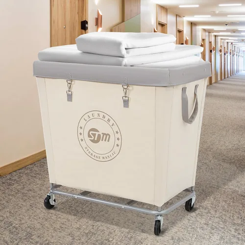 Vista 7 de STORAGE MANIAC Cesto de lavandería comercial con marco de acero resistente, carro de cesta de lavandería industrial de 320 L con ruedas para hotel